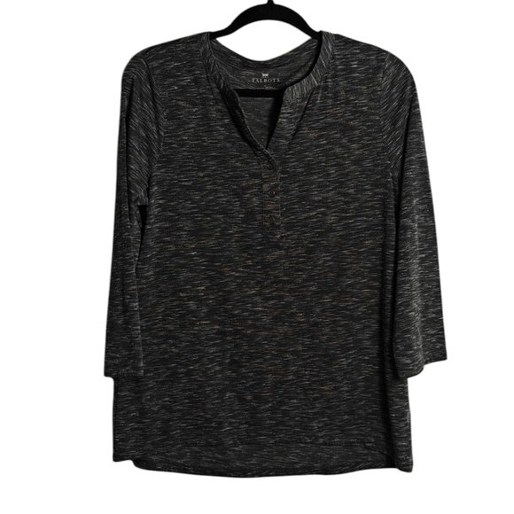 TALBOTS Heathered Grey Button Split Neck Three-Quarter Sleeve Size Medium - Picture 1 of 14